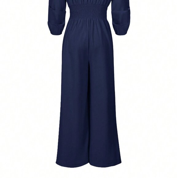 Navy Blue Elegant Women's Solid Color Lantern Sleeve Jumpsuit - Picture 4 of 9